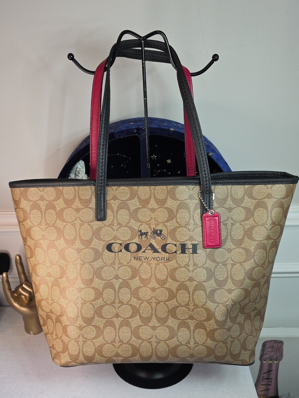 Coach Monogram Canvas Tote with Pink Tag and Black Trim